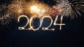 Happy New Year 2024 sparklers with golden solute on the night starry sky, creative idea. New Year 2024 and Christmas, concept card