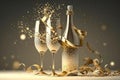 Happy New Year! Sparkling display of confetti and champagne, AI generative