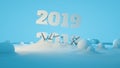 Happy new year 2019 swap 2018 broken isolated numbers lettering written by white stone or paper on blue background full Royalty Free Stock Photo