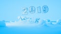 Happy new year 2019 swap 2018 broken isolated numbers lettering written by white stone or paper on blue background full Royalty Free Stock Photo