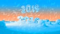 Happy new year 2019 swap 2018 broken isolated numbers lettering written by white stone or paper on blue background full Royalty Free Stock Photo