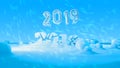 Happy new year 2019 swap 2018 broken isolated numbers lettering written by white stone or paper on blue background full Royalty Free Stock Photo