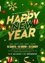 Happy New Year Template or Flyer Design with Baubles, Pine Leaves and Lighting Garland.