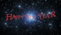 Happy New Year Text On Black Backround Full of Snow, Stars and Light 3D Rendering