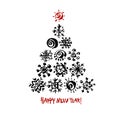 Happy new year text. Black snowflake Christmas tree on white background. Christmas vector card Royalty Free Stock Photo