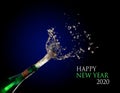 Happy New Year 2020 text and a champagne bottle exploding and shooting out the cork with splashes against a dark blue background,