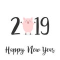 Happy New Year 2019 text. Cute baby pig. Pink piggy piglet. Chinise symbol. Cartoon funny kawaii smiling character. Flat design. W Royalty Free Stock Photo