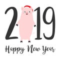 Happy New Year 2019 text. Cute fat pig. Pink piggy piglet. Santa hat. Chinise symbol. Cartoon funny kawaii smiling baby character. Royalty Free Stock Photo