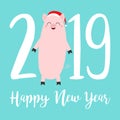 Happy New Year 2019 text. Cute fat pig. Santa hat. Pink piggy piglet. Chinise symbol. Cartoon funny kawaii smiling baby character. Royalty Free Stock Photo