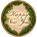 Happy New Year text in dark red on a pink background with oak tree leaves frame