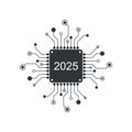 Happy New Year 2025 text design on the chip, component, microchip, semiconductor, circuit board, processor, CPU. Tech