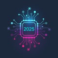 Happy New Year 2025 text design on the chip, component, microchip, semiconductor, circuit board, processor, CPU. Tech