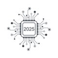 Happy New Year 2025 text design on the chip, component, microchip, semiconductor, circuit board, processor, CPU. Tech