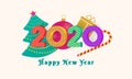 2020 Happy New Year text design, Christmass 3d numbers on pink background with christmas tree, ball, gift box and candy cane. Royalty Free Stock Photo