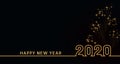 2020 Happy New Year text design with golden numbers on black background with fireworks. Holiday banner, poster, greeting card Royalty Free Stock Photo