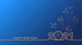 2021 Happy New Year text design with golden numbers and vintage clock on blue background with fireworks. Royalty Free Stock Photo