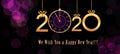 2020 Happy New Year text design with hanging golden numbers, ribbon bows and vintage clock on abstract purple background Royalty Free Stock Photo