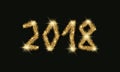 Happy New Year 2018 text design. Number of gold Christmas tree branches on a black background.