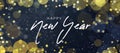 Happy New Year Text Design Over Gold Abstract Defocused Bokeh Lights and Glitter Background, New Years Greeting Card Royalty Free Stock Photo