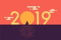 Happy new year 2019 text design with sailboat and beautiful suns