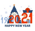 Happy new year 2021 text. Figures, New Year`s balls, spruce, gifts. Template for your holiday flyers, greeting and