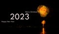 2023 Happy New Year Text on Fireworks Black Background