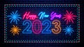 Happy New Year 2023 Text Fireworks Lines Neon On Rectangle Dotted Border Frame Royalty Free Stock Photo