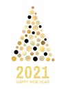 Happy new year 2021 text. Gold glitter greeting card design. Abstract Christmas tree with golden black circles snowflake Royalty Free Stock Photo