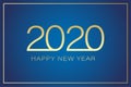 2020 Happy New Year Text For Greeting Card With Gold Frame Calendar Invitation. Vector Illustration On Gradient Dark Blue
