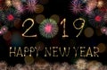 Happy New Year 2019 text hand written sparkles fireworks with Colorful fireworks of various colors at night Royalty Free Stock Photo