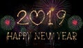 Happy New Year 2019 text hand written sparkles fireworks with Colorful fireworks of various colors at night Royalty Free Stock Photo