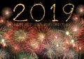Happy New Year 2019 text hand written sparkles fireworks with Colorful fireworks of various colors at night Royalty Free Stock Photo