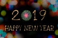 Happy New Year 2019 text hand written sparkles fireworks with Colorful fireworks of various colors at night Royalty Free Stock Photo