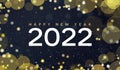 Happy New Year 2022 Text Holiday Card with Gold Bokeh Lights Background, Widescreen Royalty Free Stock Photo