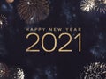 Happy New Year 2021 Text Holiday Graphic with Gold Fireworks in Night Sky Royalty Free Stock Photo