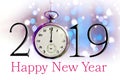 Happy New Year 2019. Text illustration and vintage pocket watch