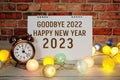 Happy New Year 2023 text message with alarm clock and LED cotton balls decoration