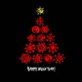Happy new year text. Red snowflake Christmas tree on black background. Christmas vector card Royalty Free Stock Photo