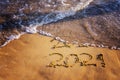 Happy new year 2021 text by the sea. Selective focus. Abstract background photography of the approaching New Year 2021 and the out Royalty Free Stock Photo