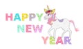 Happy new year text with unicorn. Party invitation. Christmas and happy new year greeting card. Magical year