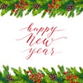 Happy New Year text on watercolor christmas border