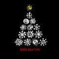 Happy new year text. White snowflake Christmas tree on black background. Christmas vector card