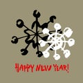 Happy new year text. White snowflake on gray background. White, black and red brush calligraphy. Vector holidays card Royalty Free Stock Photo