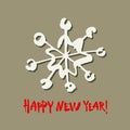 Happy new year text. White snowflake on gray background. White, black and red brush calligraphy. Vector holidays card Royalty Free Stock Photo