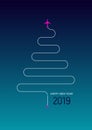 Happy New Year 2019. Travel concept. The plane left a trace of the New Year tree. Vector illustration. on blue background