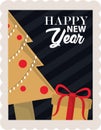 Happy new year 2021, tree and gift box decoration, postage stamp icon Royalty Free Stock Photo