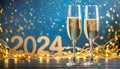 2024 happy new year with two cups of champagne. Champagne glasses on blue and gold glitter background Royalty Free Stock Photo