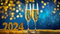 2024 happy new year with two cups of champagne. Champagne glasses on blue and gold glitter background Royalty Free Stock Photo