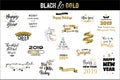 Happy New Year 2019 typographic emblems set. Vector logo, text design. Black, white and gold. Usable for banners Royalty Free Stock Photo