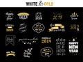 Happy New Year 2019 typographic emblems set. Vector logo, text design. Black, white and gold. Usable for banners Royalty Free Stock Photo